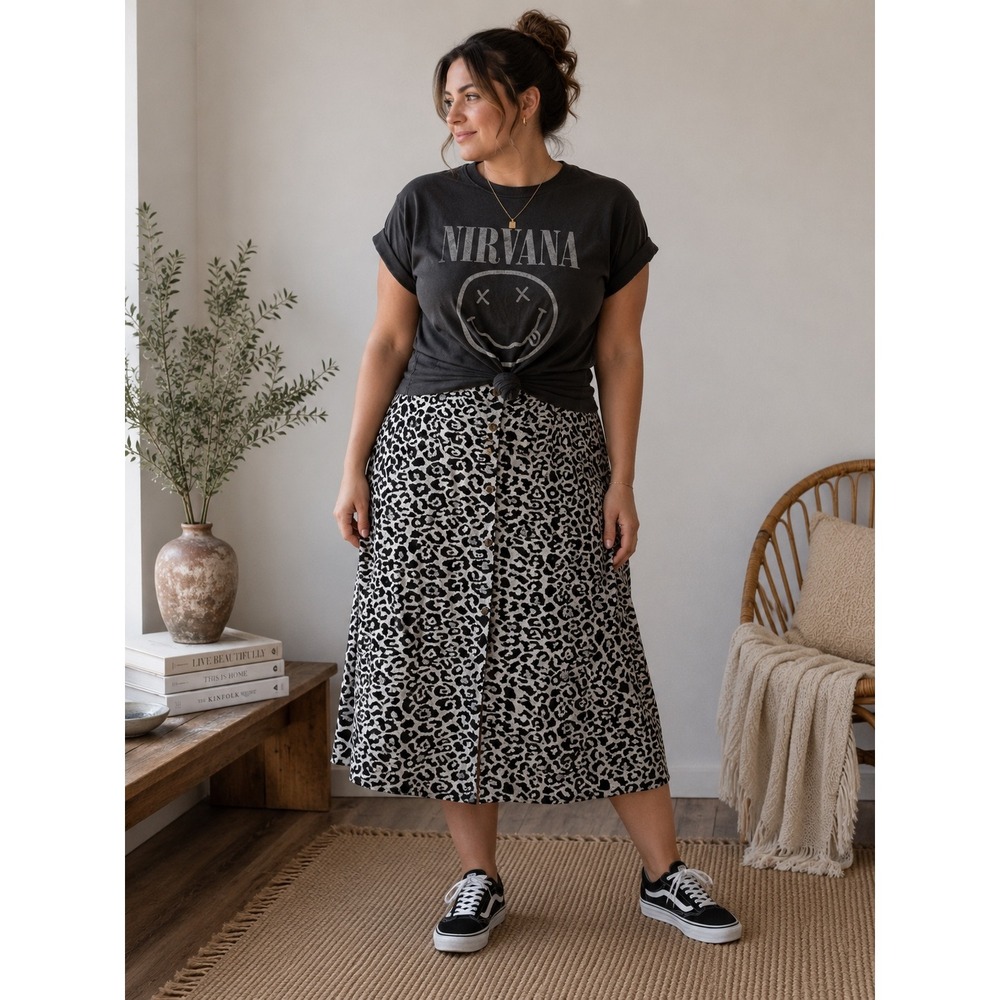 Marc New York Andrew Marc Leopard Print Button Front Midi Skirt Black White XL